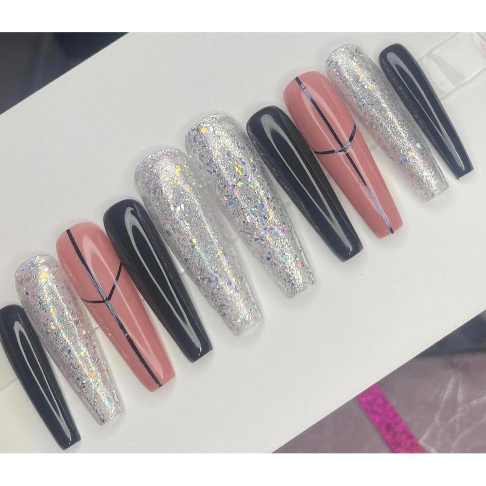 Extra long coffin black press on nails holographic glitter nude handmade custom
